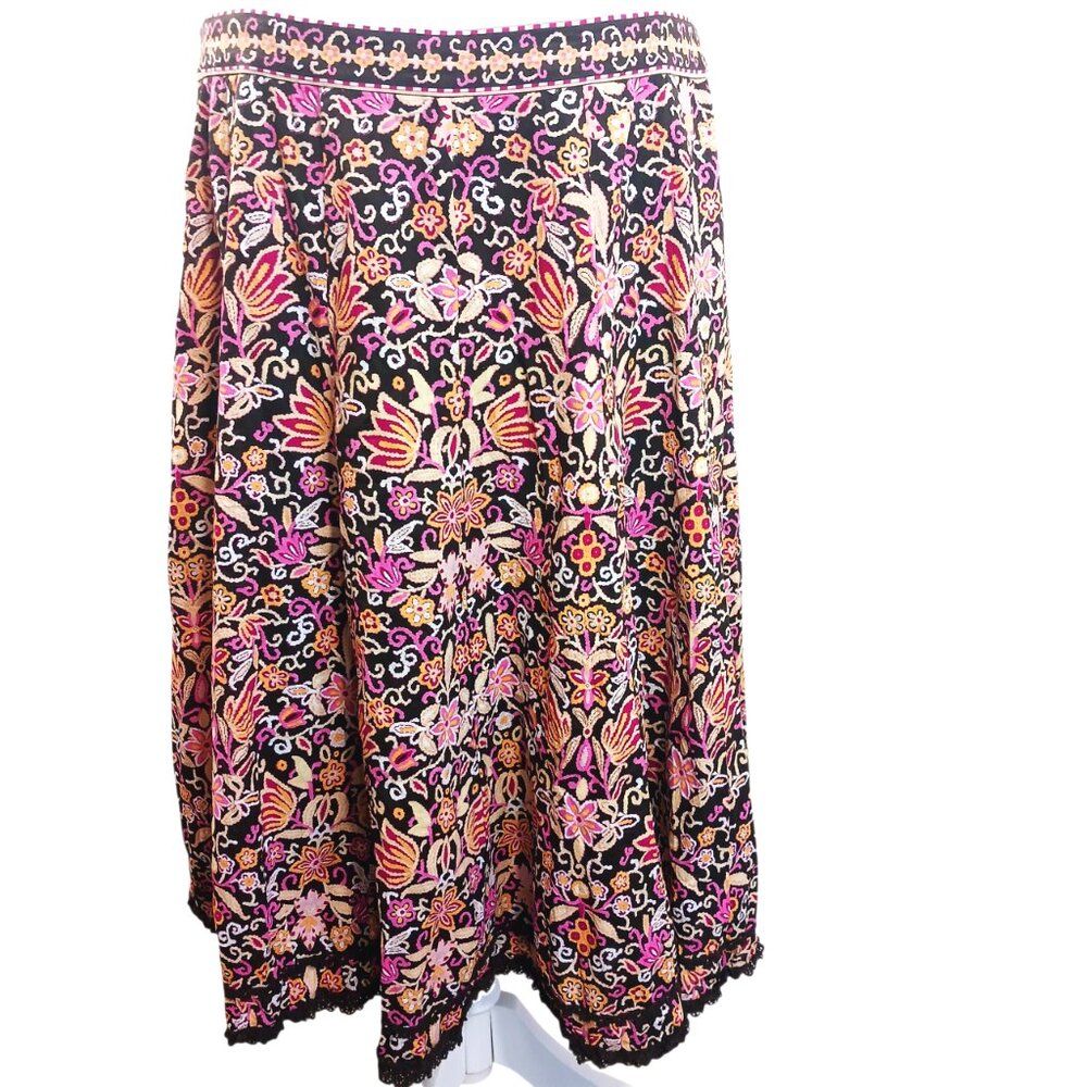 Gianni Bini, Boho Brown Floral Print Skirt, Size 12, Lace Trim, Cottage Core - Picture 3 of 13